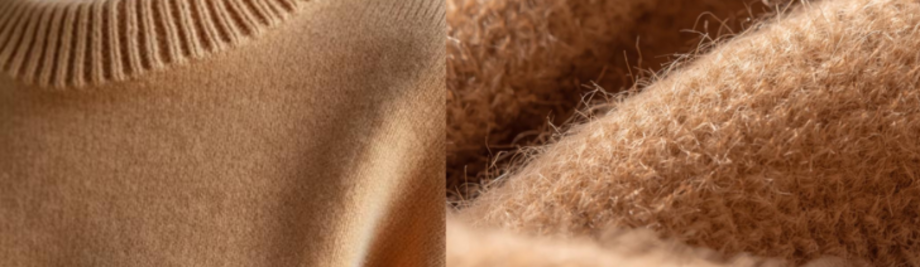 Exklusive Auswahl der Balldiri Cashmere Kollektion: Edle Damen- und Herrenpullover in warmen Beigetönen, eine Frau im eleganten roten Kleid vor einer Frühlingskulisse sowie ein stilvolles Sofa mit kuscheligen Kaschmir-Decken im Wohnbereich.