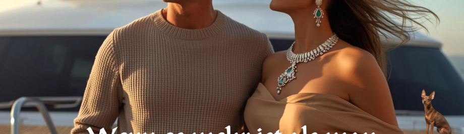 Ein elegantes Paar in heller Cashmere Kleidung und Sonnenbrillen posiert auf dem Deck einer Luxusyacht bei Sonnenschein.